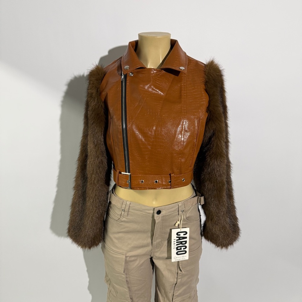 Cropped Brown Faux Leather & Fur Sleeve Jacket
